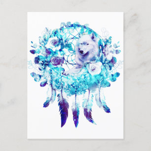 White Wolf Dreamcatcher Purple Blue Floral Postcard