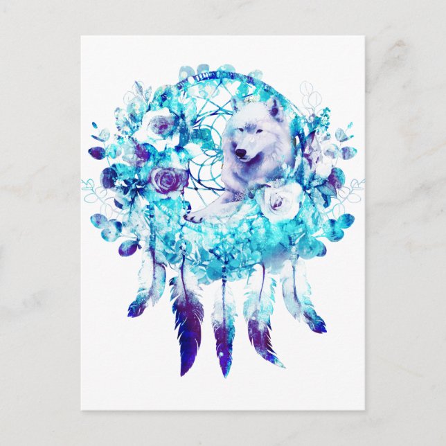 White Wolf Dreamcatcher Purple Blue Floral Postcard (Front)