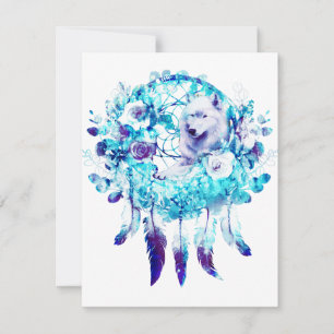 White Wolf Dreamcatcher Purple Blue Floral RSVP Card