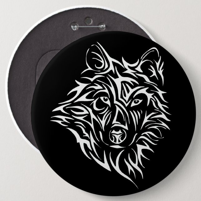 White Wolf Head on Black  6 Cm Round Badge (Front & Back)