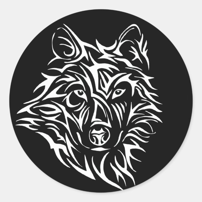 White Wolf Head on Black  Classic Round Sticker (Front)