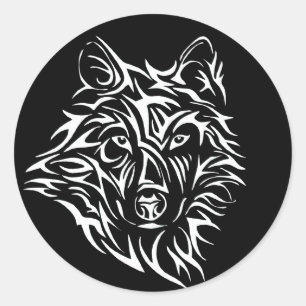 White Wolf Head on Black Classic Round Sticker