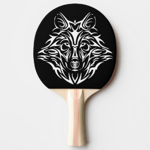 White Wolf Head on Black Ping Pong Paddle
