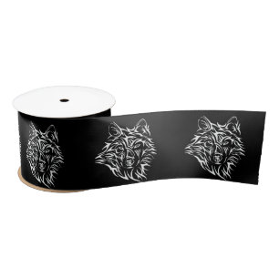 White Wolf Head on Black  Satin Ribbon