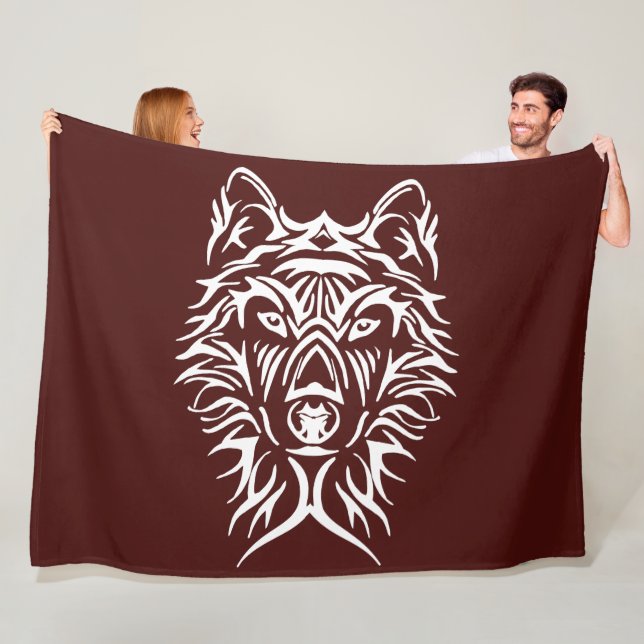 White Wolf Head on Blood Red  Fleece Blanket (In Situ)