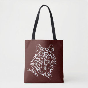 White Wolf Head on Blood Red Personal Name Tote Bag