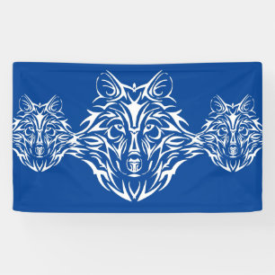 White Wolf Head on Blue  Banner