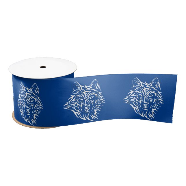 White Wolf Head on Blue  Satin Ribbon (Spool)