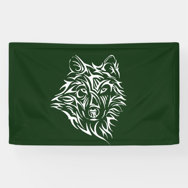 White Wolf Head on Green Banner (Horizontal)