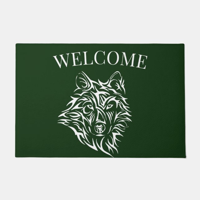 White Wolf Head on Green Doormat (Front)
