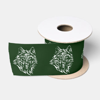 White Wolf Head on Green Satin Ribbon