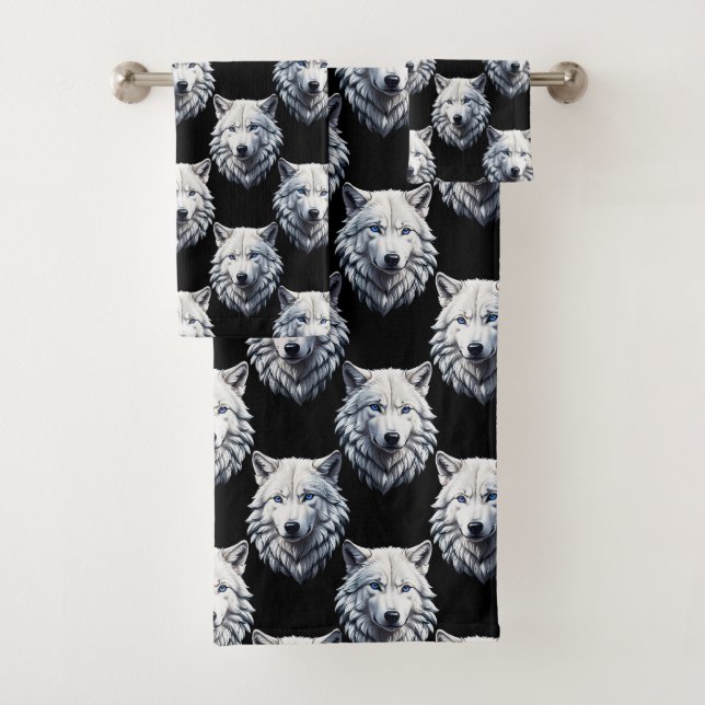 White Wolf Head Pattern Design  Bath Towel Set (Insitu)