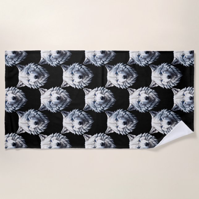 White Wolf Head Pattern Design  Beach Towel (Front)