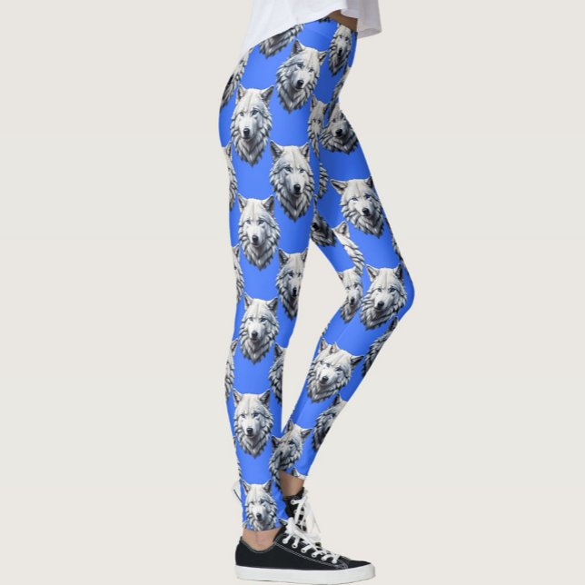 White Wolf Head Pattern Design Blue  Leggings (Creator Uploaded)