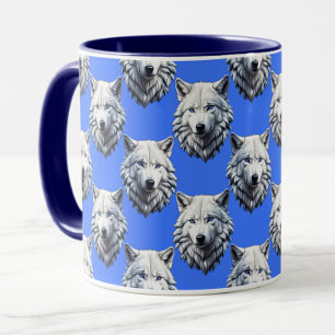 White Wolf Head Pattern Design Blue Mug