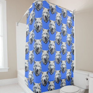 White Wolf Head Pattern Design Blue Shower Curtain