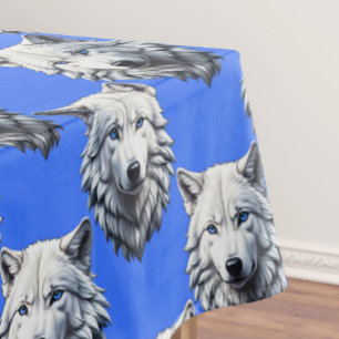 White Wolf Head Pattern Design Blue  Tablecloth