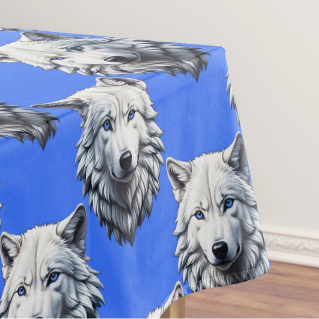 White Wolf Head Pattern Design Blue  Tablecloth (Creator Uploaded)