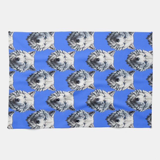 White Wolf Head Pattern Design Blue  Tea Towel (Horizontal)