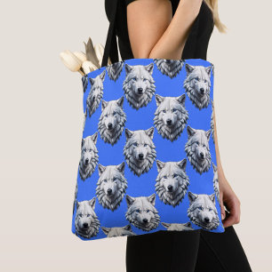 White Wolf Head Pattern Design Blue Tote Bag