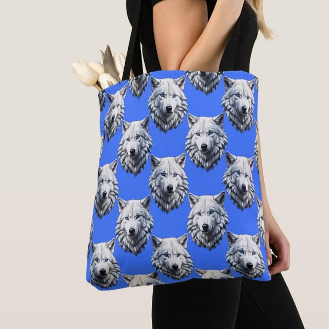 White Wolf Head Pattern Design Blue  Tote Bag (Creator Uploaded)