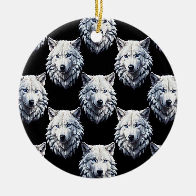 White Wolf Head Pattern Design  Ceramic Tree Decoration (Front)