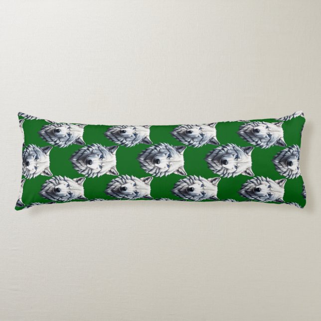 White Wolf Head Pattern Design Green  Body Cushion (Front)