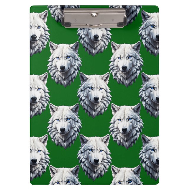 White Wolf Head Pattern Design Green  Clipboard (Front)