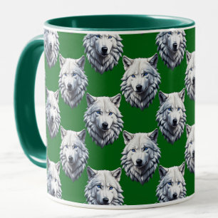White Wolf Head Pattern Design Green Mug