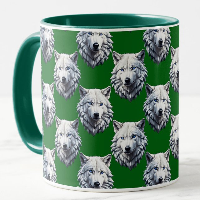 White Wolf Head Pattern Design Green  Mug (Creator Uploaded)