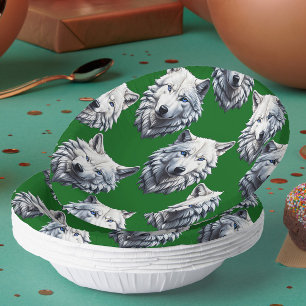 White Wolf Head Pattern Design Green Paper Plate