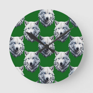 White Wolf Head Pattern Design Green  Round Clock