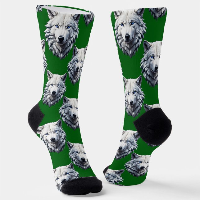 White Wolf Head Pattern Design Green  Socks (Creator Uploaded)