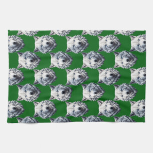 White Wolf Head Pattern Design Green Tea Towel