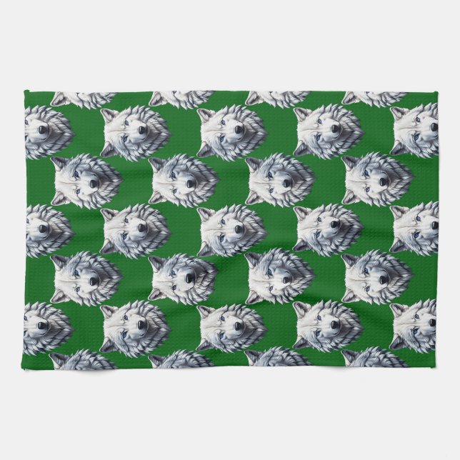 White Wolf Head Pattern Design Green  Tea Towel (Horizontal)