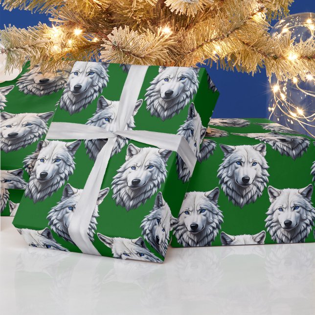 White Wolf Head Pattern Design Green  Wrapping Paper (Creator Uploaded)