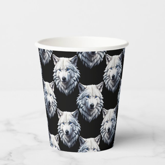 White Wolf Head Pattern Design  Paper Cups (Front)
