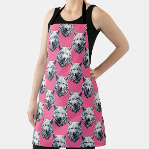 White Wolf Head Pattern Design Pink Apron