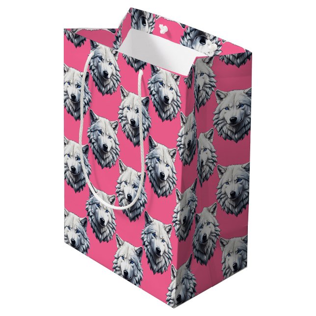 White Wolf Head Pattern Design Pink  Medium Gift Bag (Creator Uploaded)