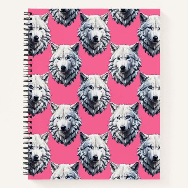 White Wolf Head Pattern Design Pink  Notebook (Front)