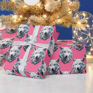 White Wolf Head Pattern Design Pink  Wrapping Paper