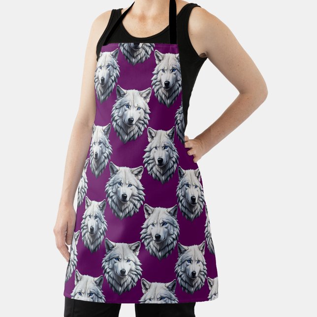 White Wolf Head Pattern Design Purple  Apron (Creator Uploaded)