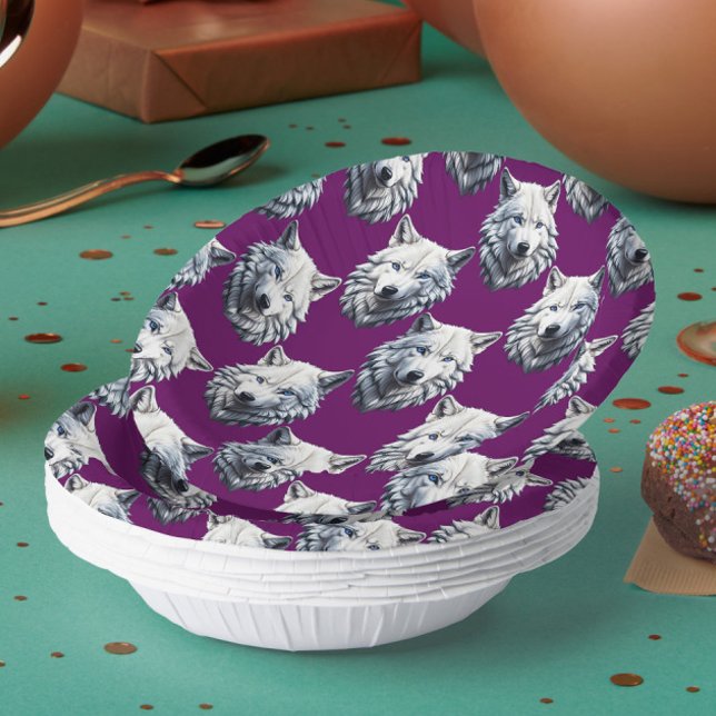 White Wolf Head Pattern Design Purple  Paper Plate (Creator Uploaded)
