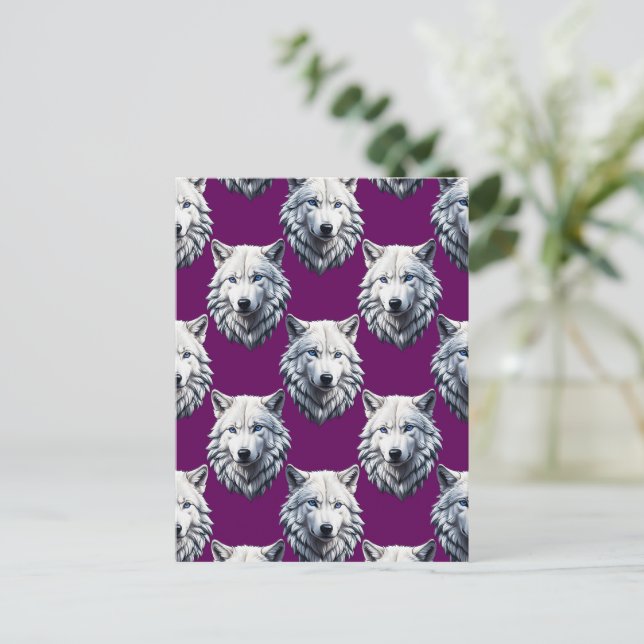 White Wolf Head Pattern Design Purple  Postcard (Standing Front)
