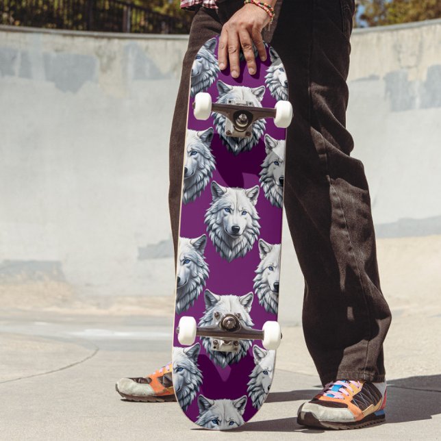 White Wolf Head Pattern Design Purple  Skateboard (Creator Uploaded)