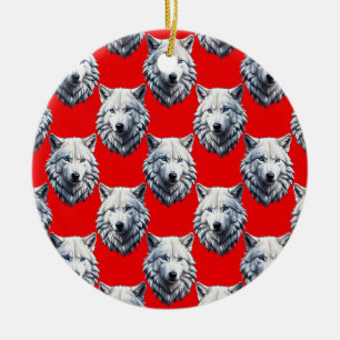 White Wolf Head Pattern Design - Red Ceramic Tree Decoration