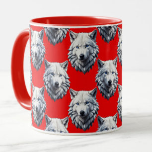 White Wolf Head Pattern Design - Red Mug