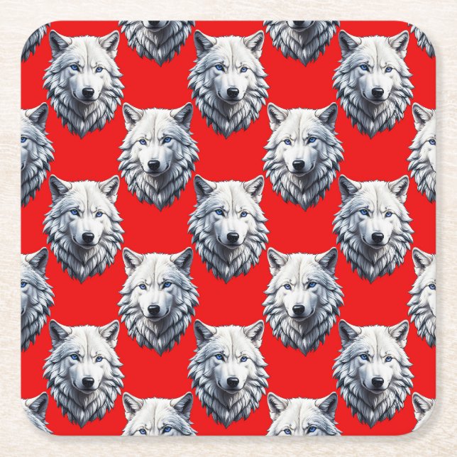 White Wolf Head Pattern Design - Red  Square Paper Coaster (Front)