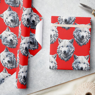 White Wolf Head Pattern Design - Red Wrapping Paper