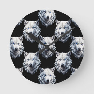 White Wolf Head Pattern Design  Round Clock
